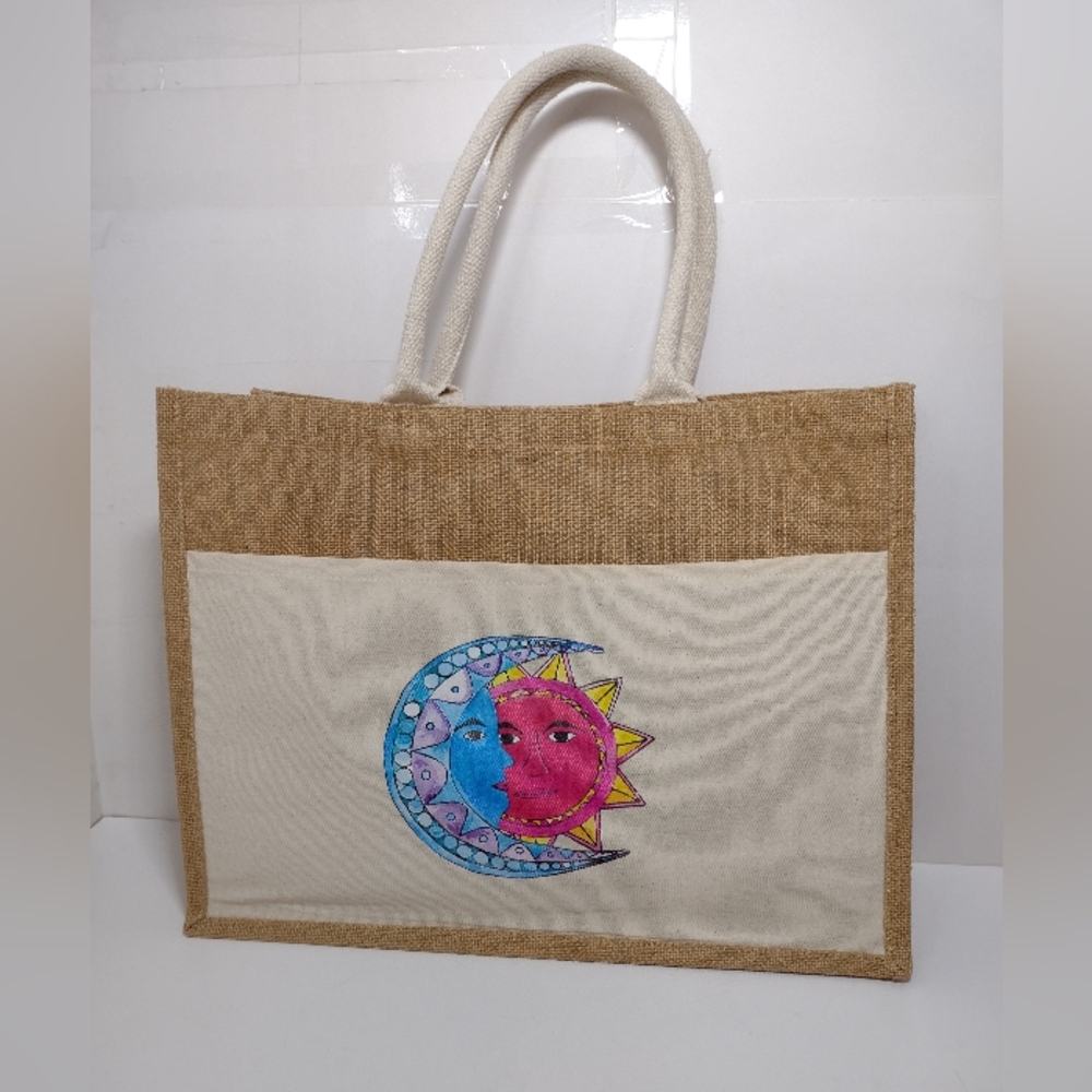 Sun & Moon Canvas Jute Tote Bag - Natural
